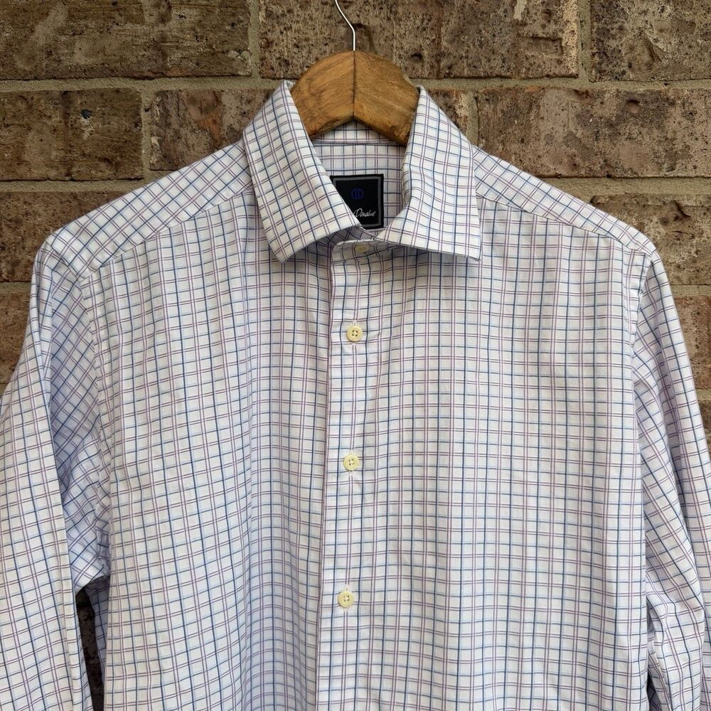 David Donahue Mens Trim Fit Dress Shirt 16 34/35 White Blue Purple Check Cotton
